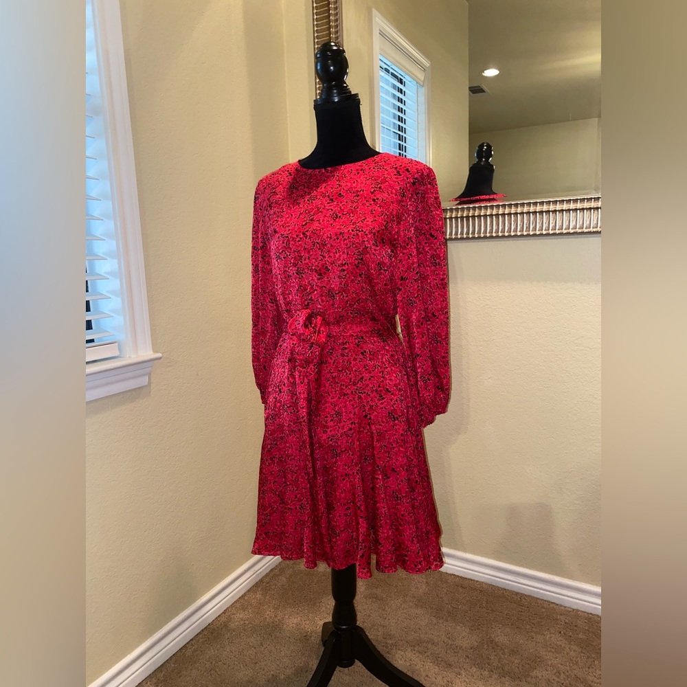 Alice + Olivia Red Pleated A-Line Dress with Bishop Sleeves